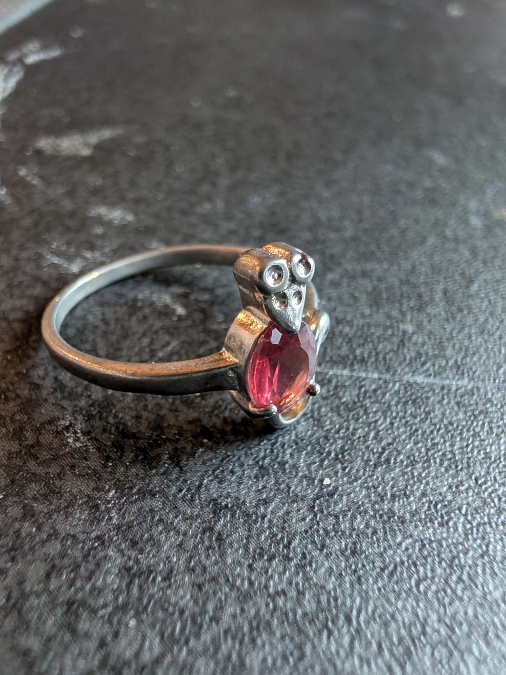 Sterling Silver Pink Gemstone Owl Ring Size 6.25